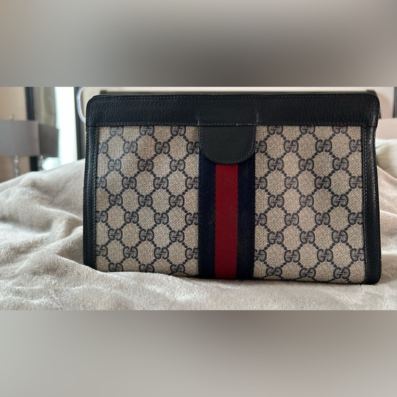 Beige and Navy GG Monogram Clutch with Striped Logo Accent - Picture 4 of 8